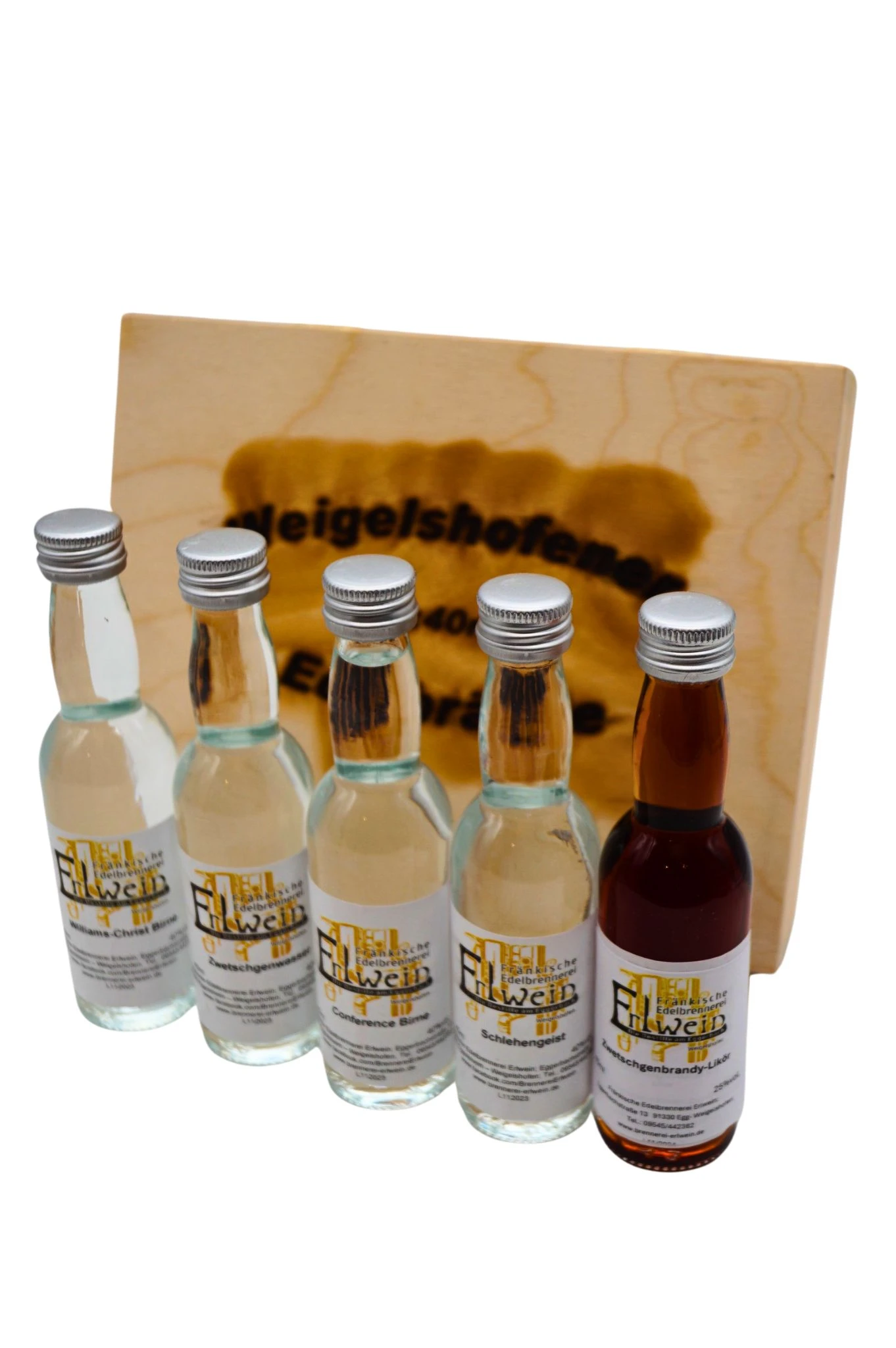 Fränkische Edelbrennerei Erlwein - Weigelshofener Edelbrände 5x40ml In Holzkiste 6 Fränkische Edelbrennerei Erlwein - Weigelshofener Edelbrände 5x40ml In Holzkiste - Image 4