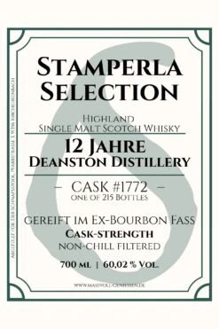 Stamperla - 12 Jahre Deanston Ex-Bourbon Fass Cask #1772 Cask-Strength Highland Single Malt Whisky 10 Stamperla - 12 Jahre Deanston Ex-Bourbon Fass Cask #1772 Cask-Strength Highland Single Malt Whisky -Der-Schnapsstodl Stamperla602C02Deanston1772WhiskyE